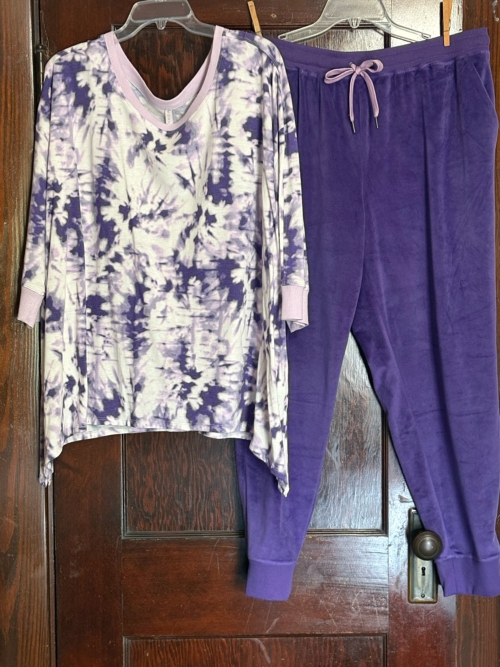 LuLaRoe Purple and White Tie-Dye Top with Solid Purple Joggers